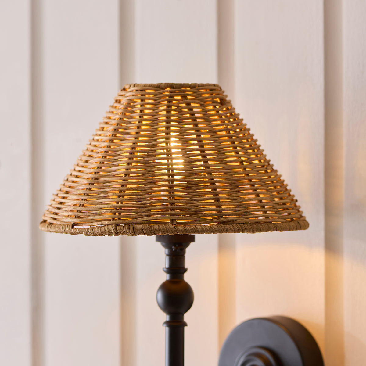 Jericho Wall Light in Matt Black with Warm Brown Rattan Shade