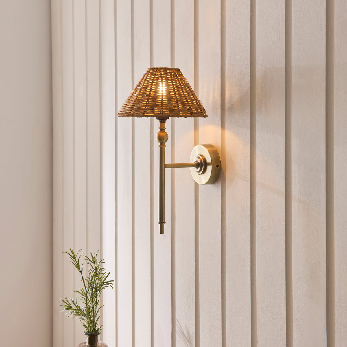 Jericho Wall Light in Antique Brass with Warm Brown Rattan Shade
