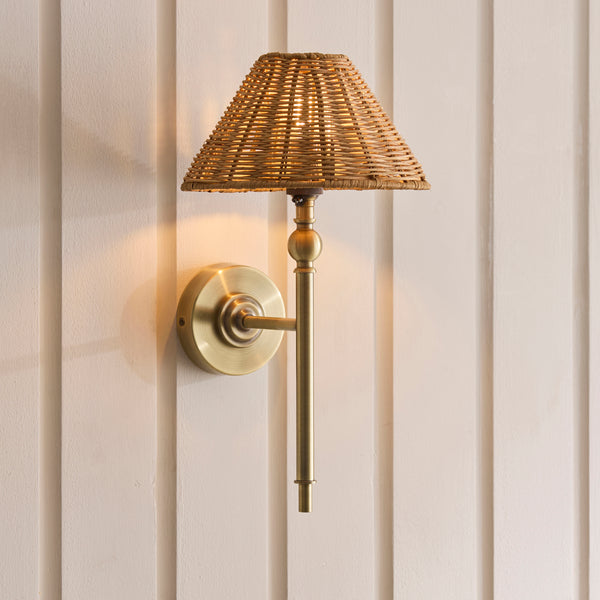 Jericho Wall Light in Antique Brass with Warm Brown Rattan Shade