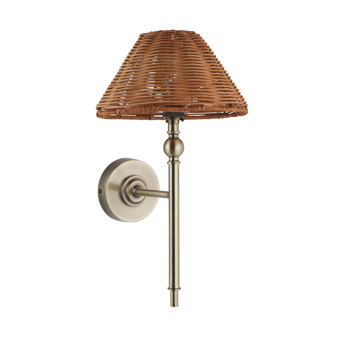 Jericho Wall Light in Antique Brass with Warm Brown Rattan Shade