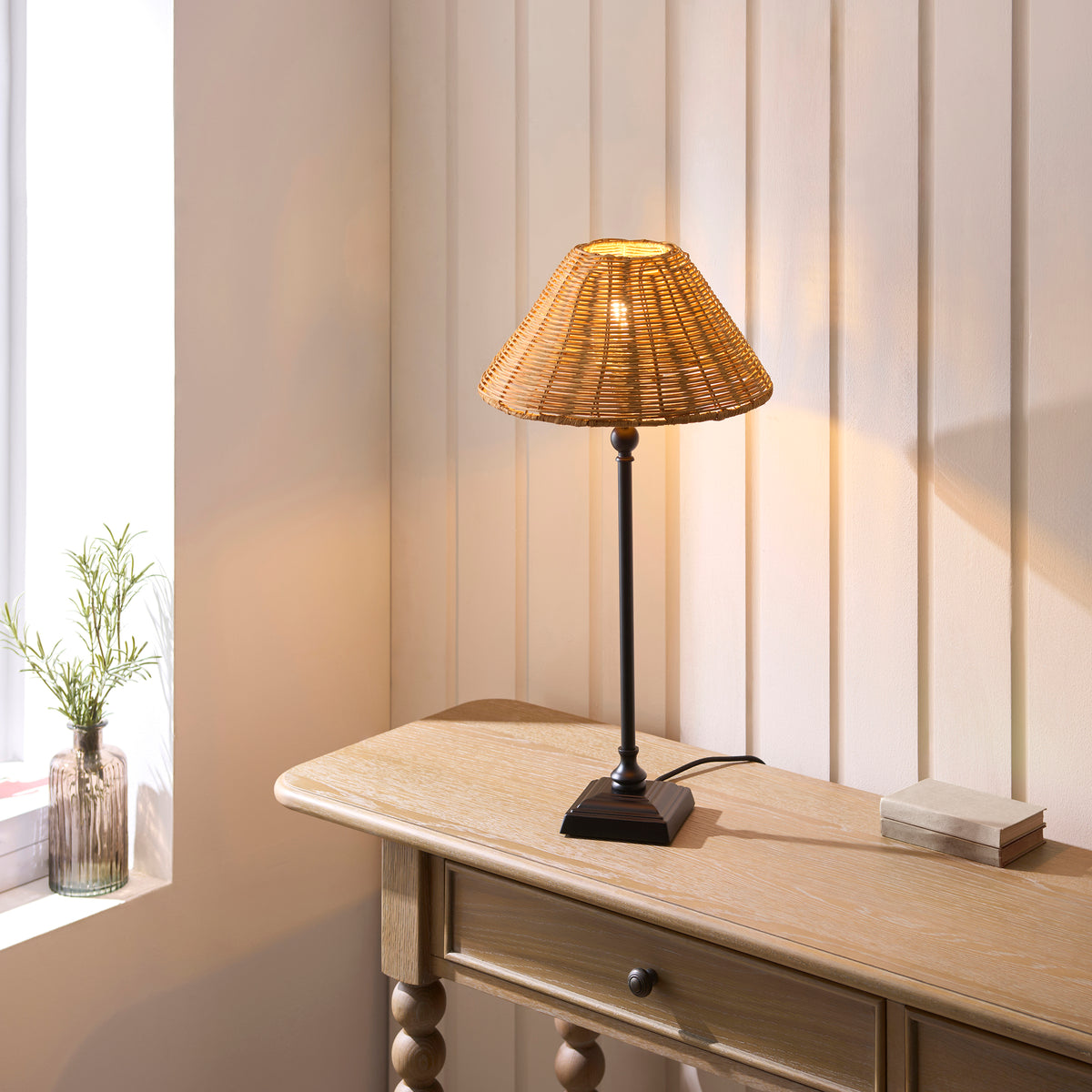 Jericho Table Lamp in Matt Black with Warm Brown Rattan Shade