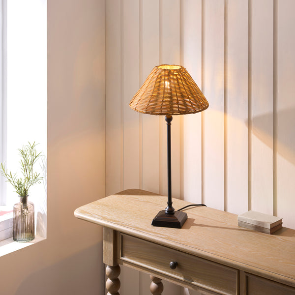 Jericho Table Lamp in Matt Black with Warm Brown Rattan Shade