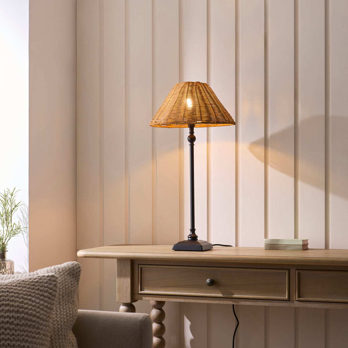 Jericho Table Lamp in Matt Black with Warm Brown Rattan Shade