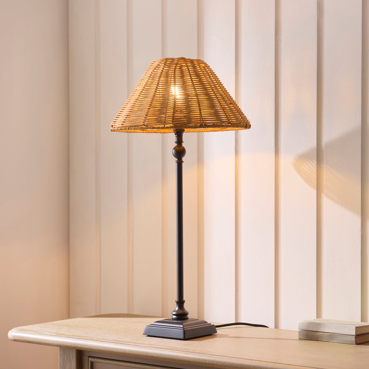 Jericho Table Lamp in Matt Black with Warm Brown Rattan Shade
