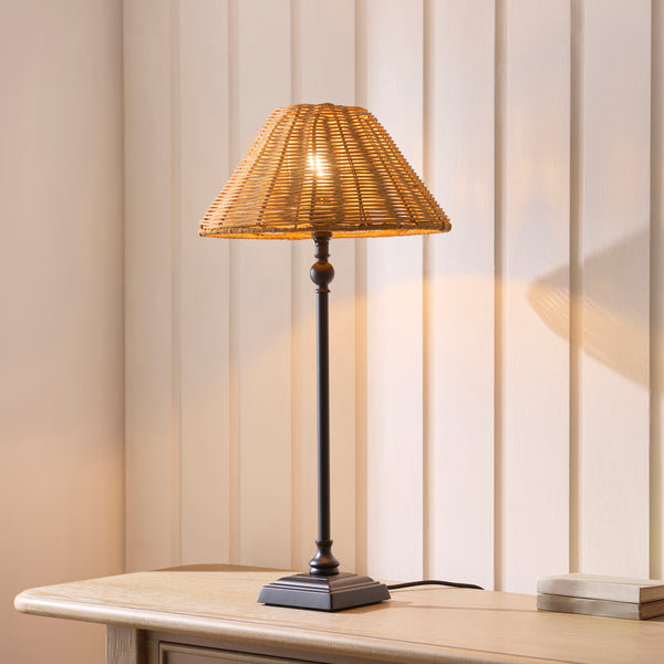 Jericho Table Lamp in Matt Black with Warm Brown Rattan Shade