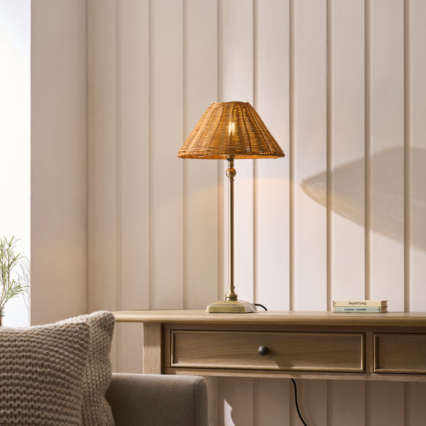 Jericho Table Lamp in Antique Brass with Warm Brown Rattan Shade