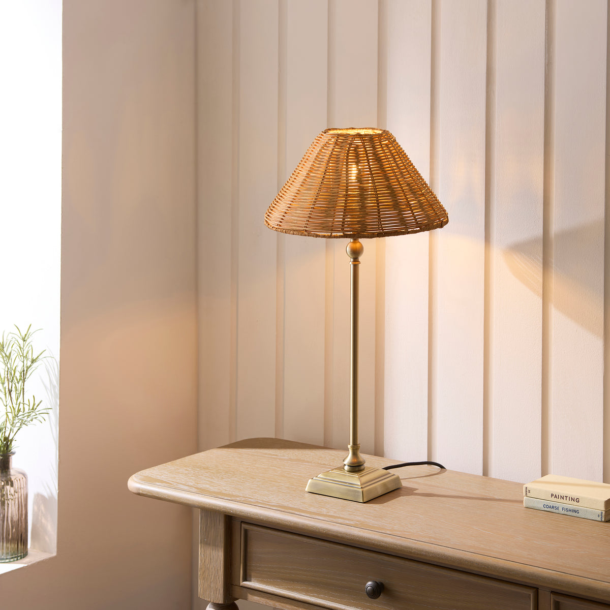 Jericho Table Lamp in Antique Brass with Warm Brown Rattan Shade