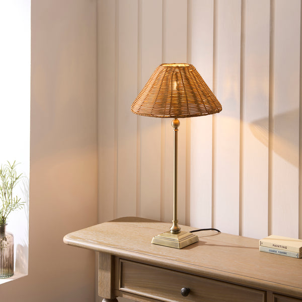Jericho Table Lamp in Antique Brass with Warm Brown Rattan Shade