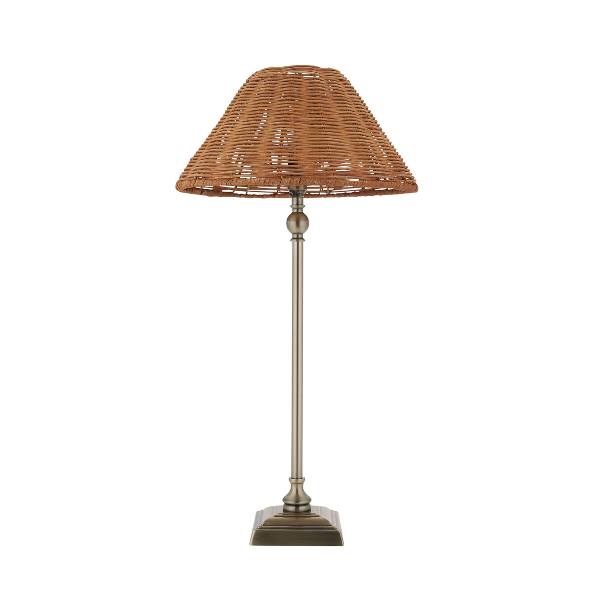 Jericho Table Lamp in Antique Brass with Warm Brown Rattan Shade