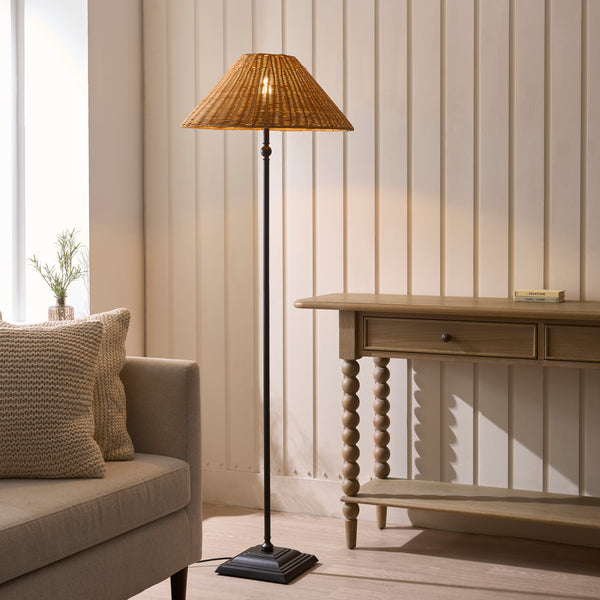 Jericho Floor Lamp in Matt Black with Warm Brown Rattan Shade