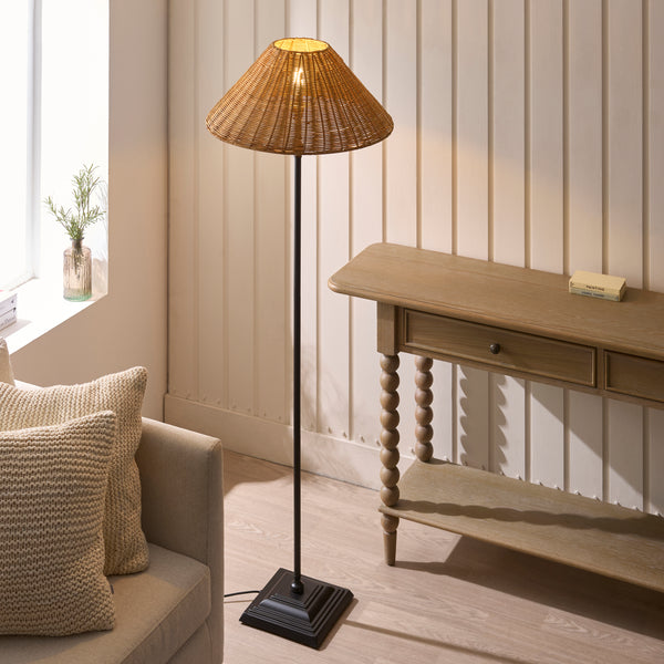 Jericho Floor Lamp in Matt Black with Warm Brown Rattan Shade