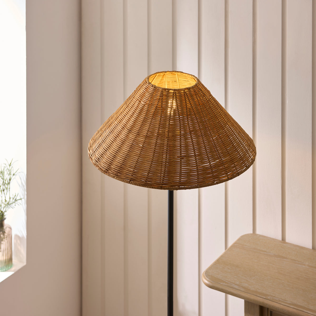 Jericho Floor Lamp in Matt Black with Warm Brown Rattan Shade