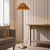 Jericho Floor Lamp in Antique Brass with Warm Brown Rattan Shade