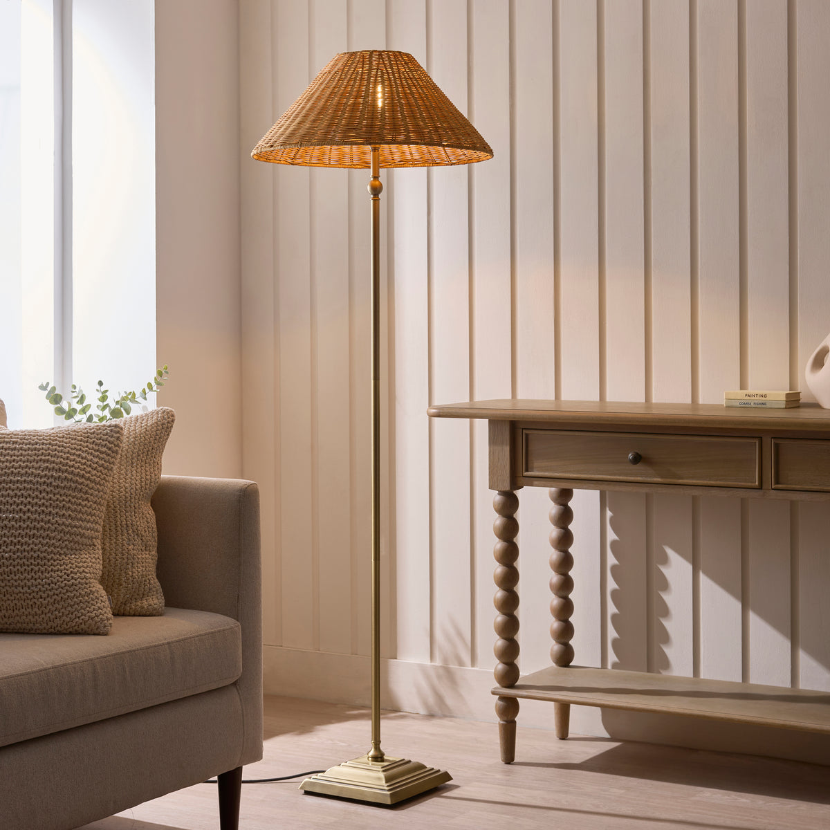 Jericho Floor Lamp in Antique Brass with Warm Brown Rattan Shade