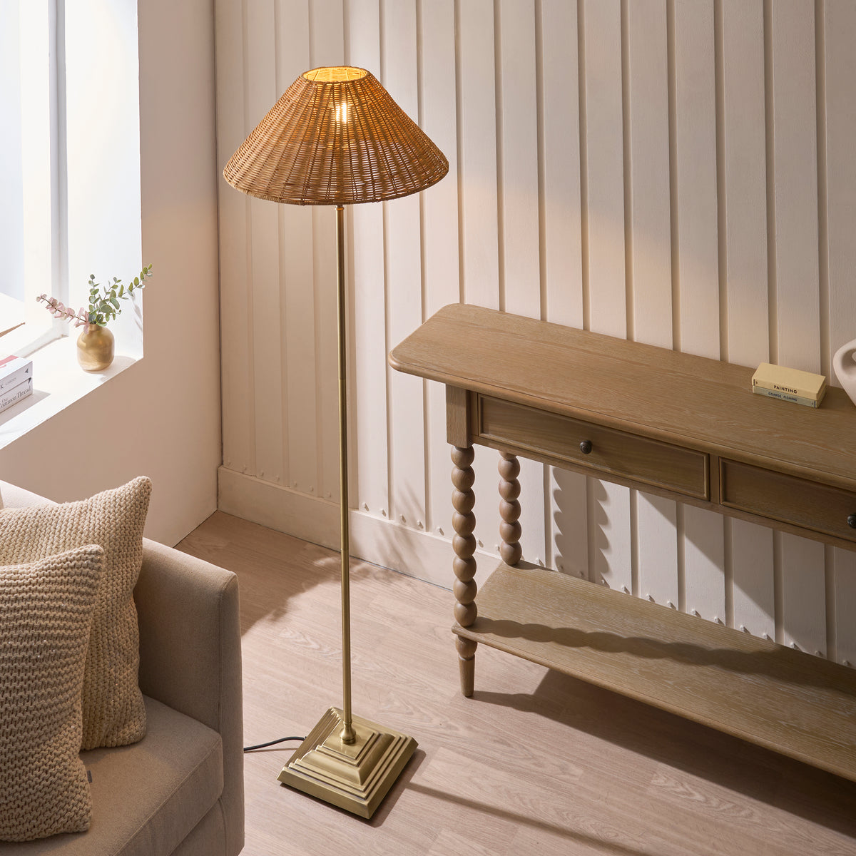Jericho Floor Lamp in Antique Brass with Warm Brown Rattan Shade