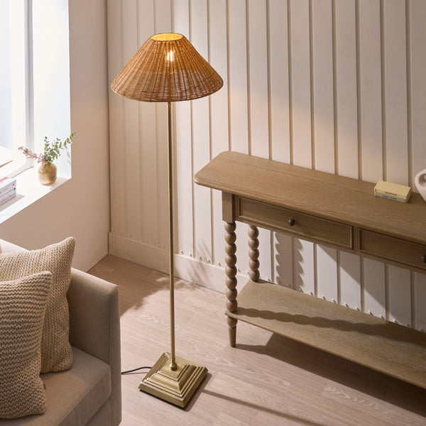 Jericho Floor Lamp in Antique Brass with Warm Brown Rattan Shade