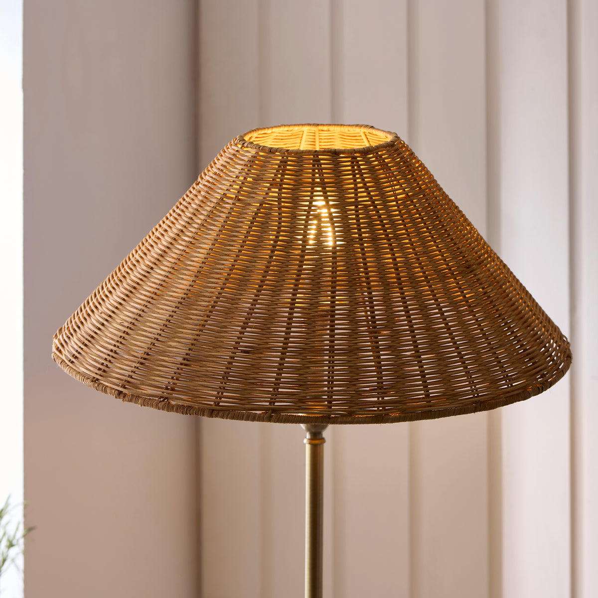 Jericho Floor Lamp in Antique Brass with Warm Brown Rattan Shade