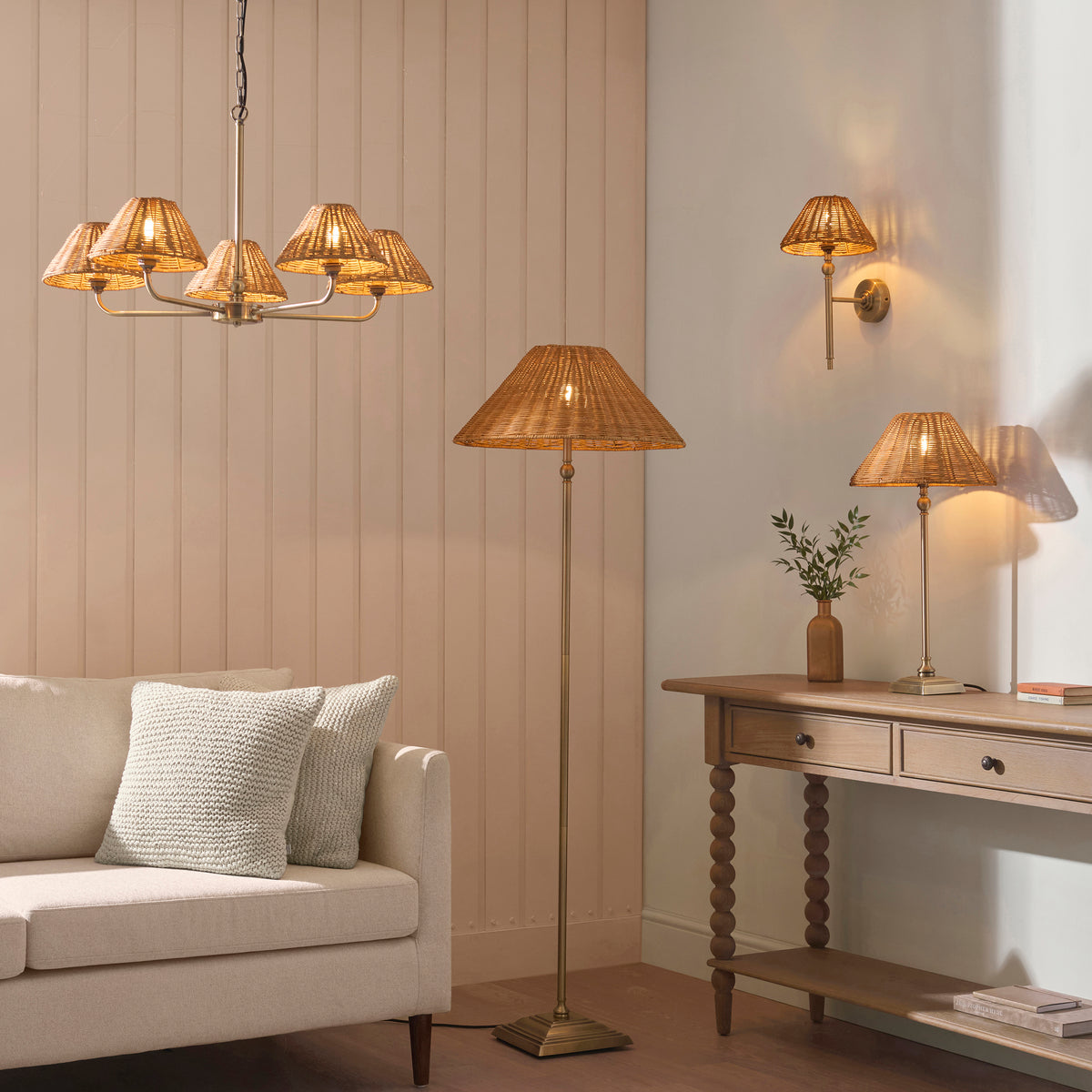Jericho Floor Lamp in Antique Brass with Warm Brown Rattan Shade