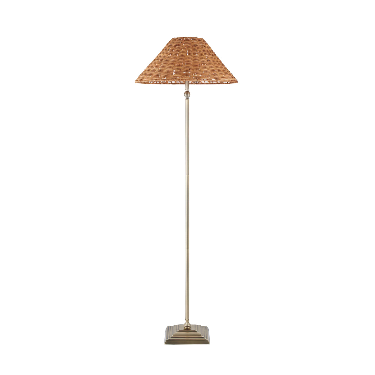Jericho Floor Lamp in Antique Brass with Warm Brown Rattan Shade