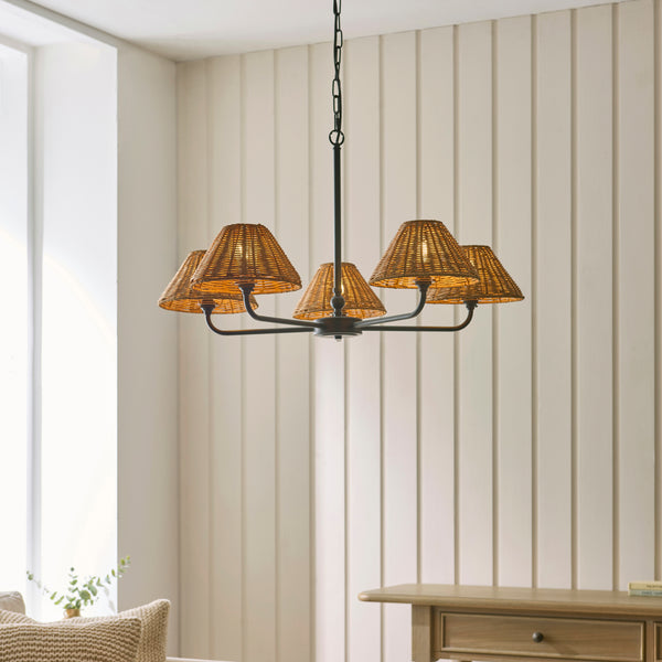 Jericho Five Light Pendant Chandelier in Matt Black with Warm Brown Rattan Shades