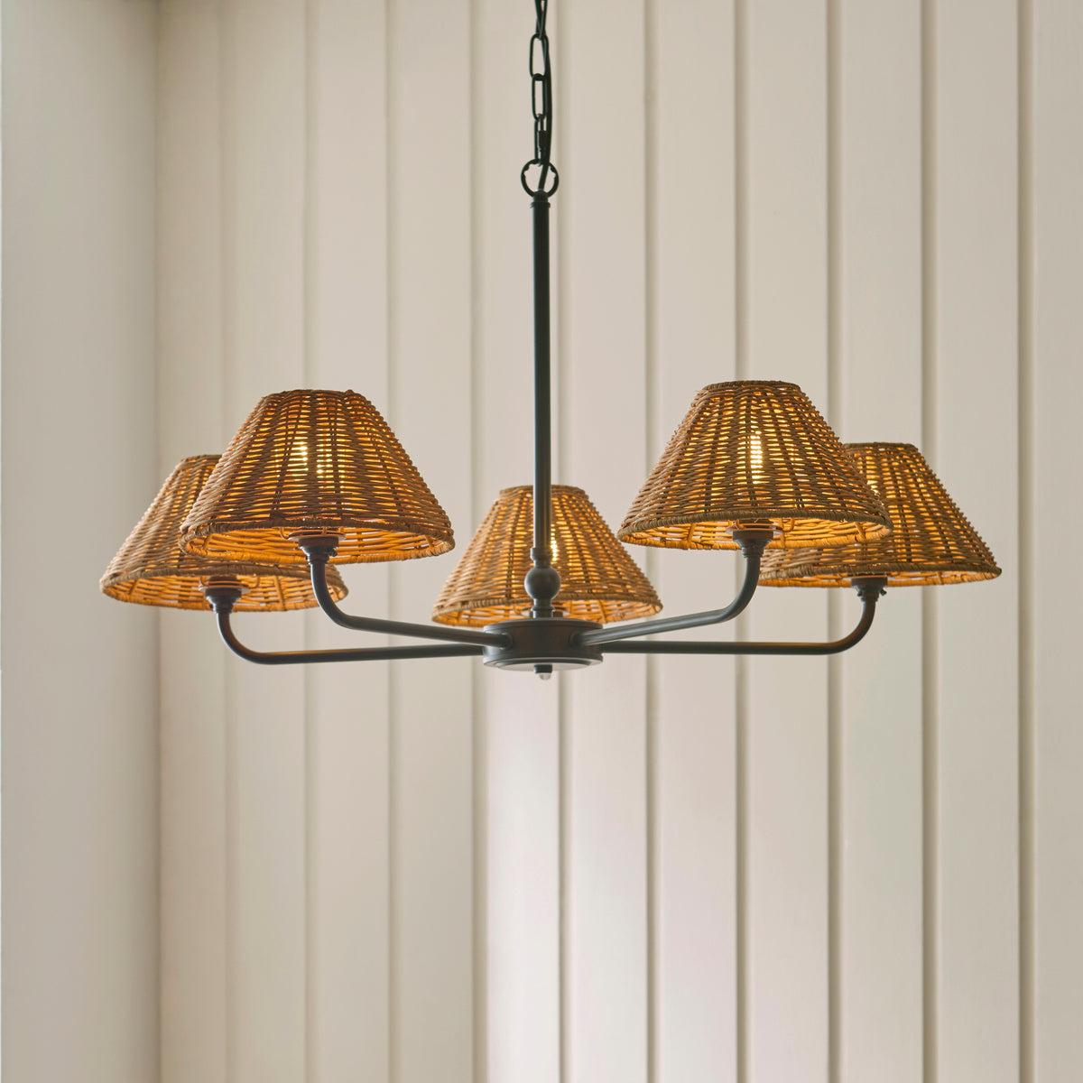 Jericho Five Light Pendant Chandelier in Matt Black with Warm Brown Rattan Shades