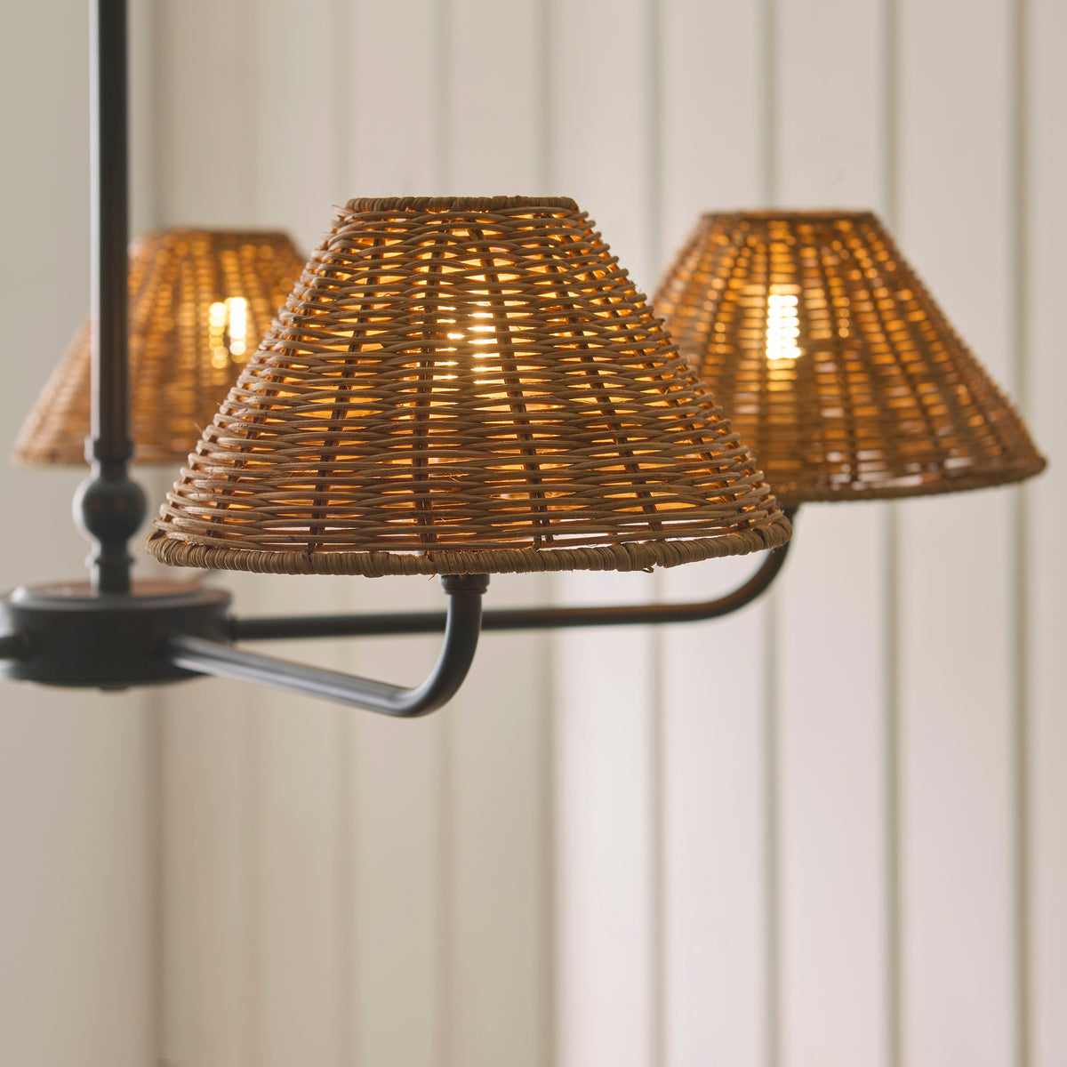 Jericho Five Light Pendant Chandelier in Matt Black with Warm Brown Rattan Shades