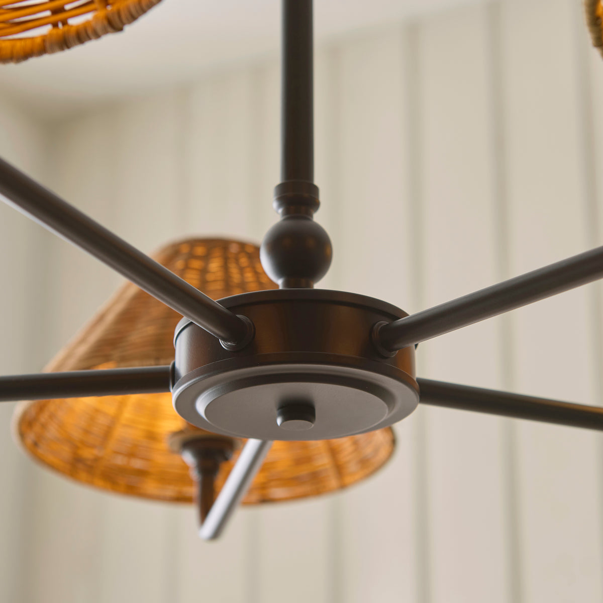 Jericho Five Light Pendant Chandelier in Matt Black with Warm Brown Rattan Shades