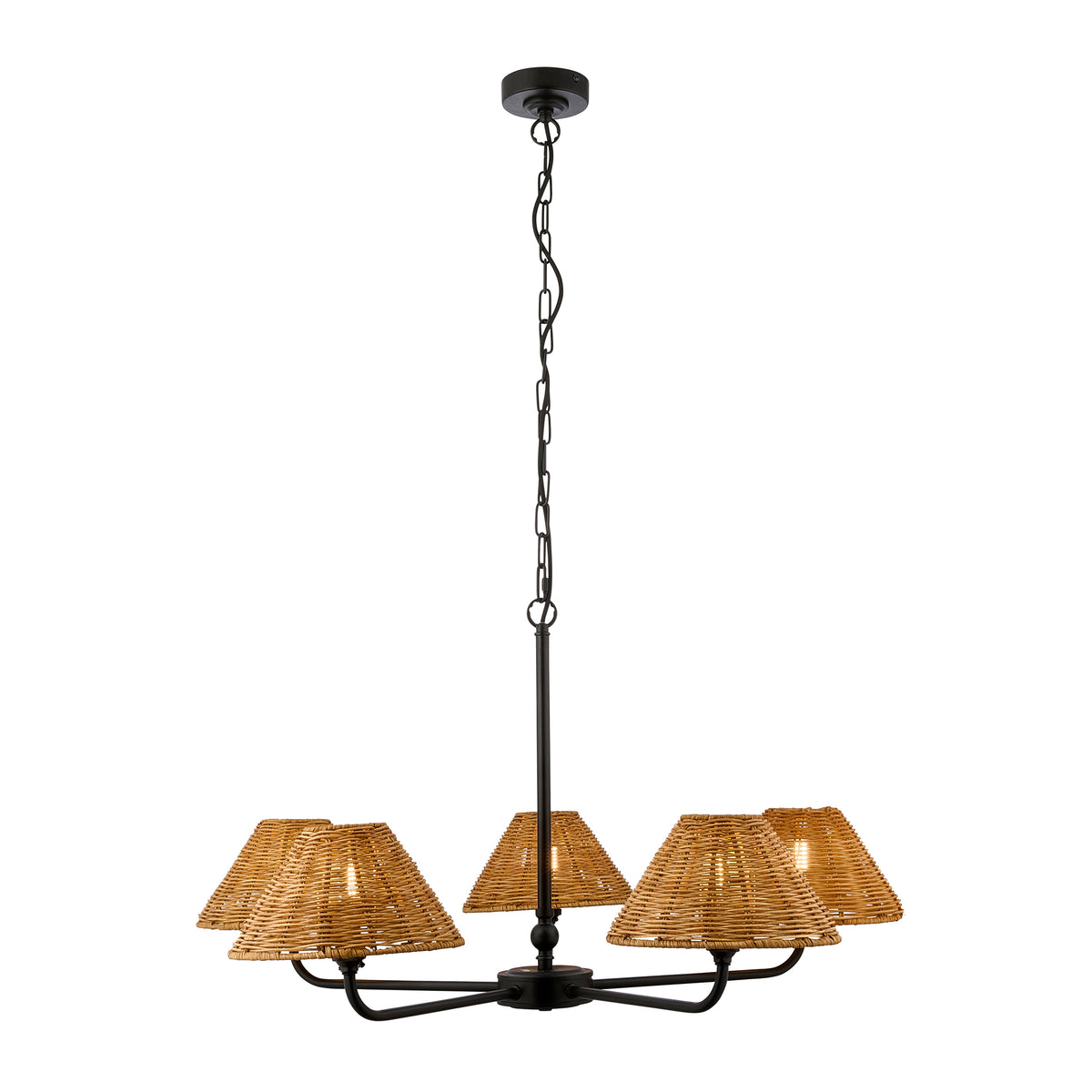 Jericho Five Light Pendant Chandelier in Matt Black with Warm Brown Rattan Shades