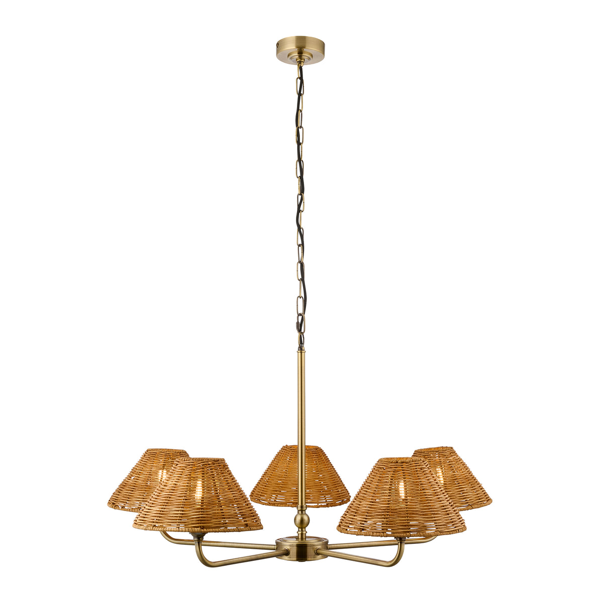 Jericho Five Light Pendant Chandelier in Antique Brass with Warm Brown Rattan Shades