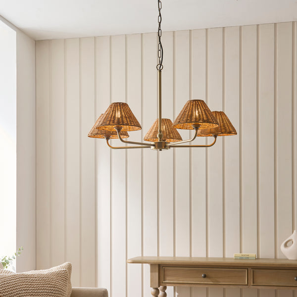 Jericho Five Light Pendant Chandelier in Antique Brass with Warm Brown Rattan Shades
