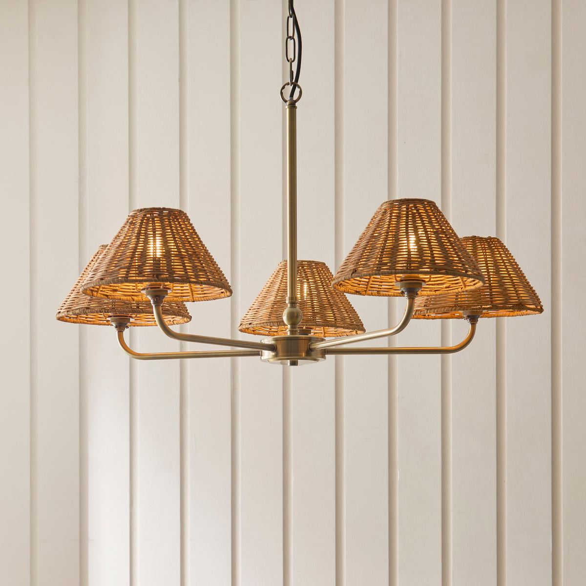 Jericho Five Light Pendant Chandelier in Antique Brass with Warm Brown Rattan Shades