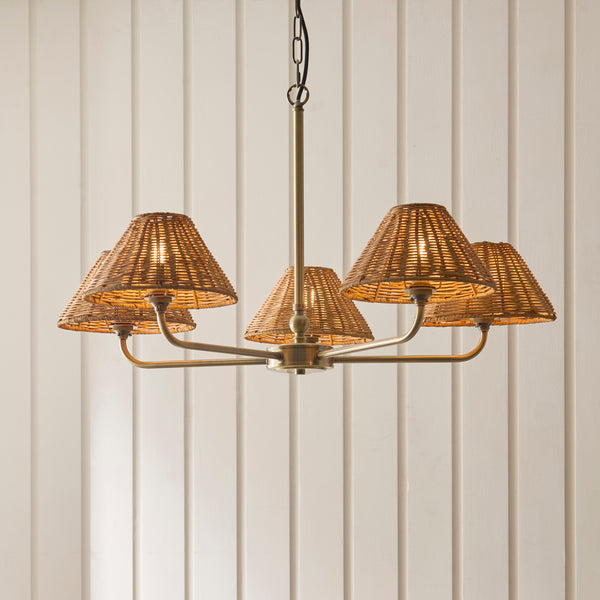 Jericho Five Light Pendant Chandelier in Antique Brass with Warm Brown Rattan Shades