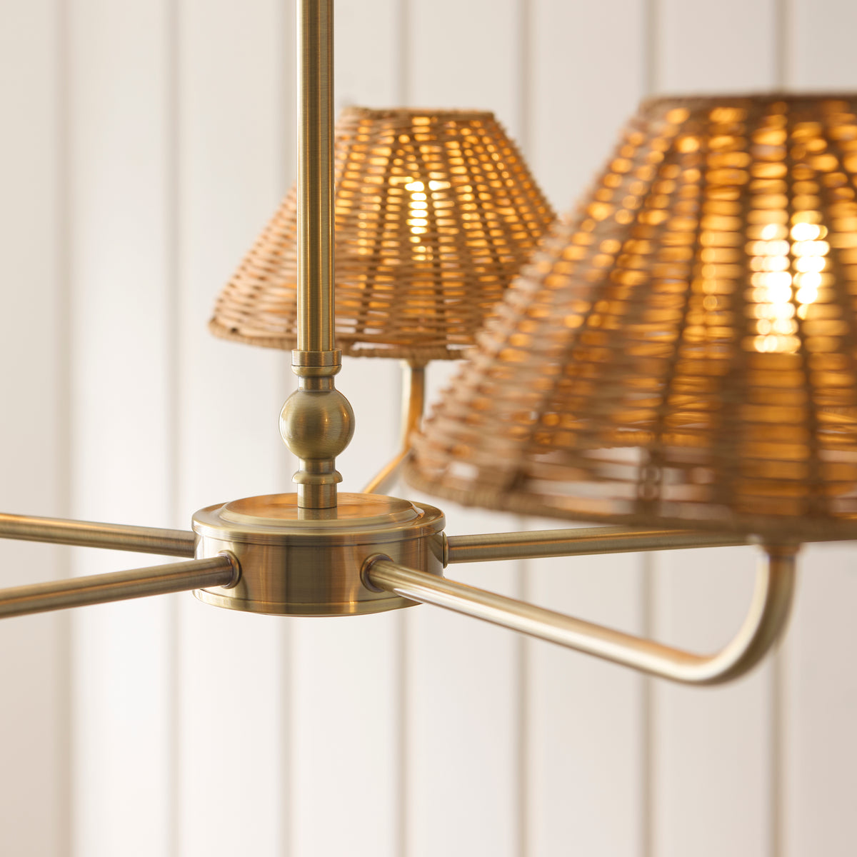 Jericho Five Light Pendant Chandelier in Antique Brass with Warm Brown Rattan Shades