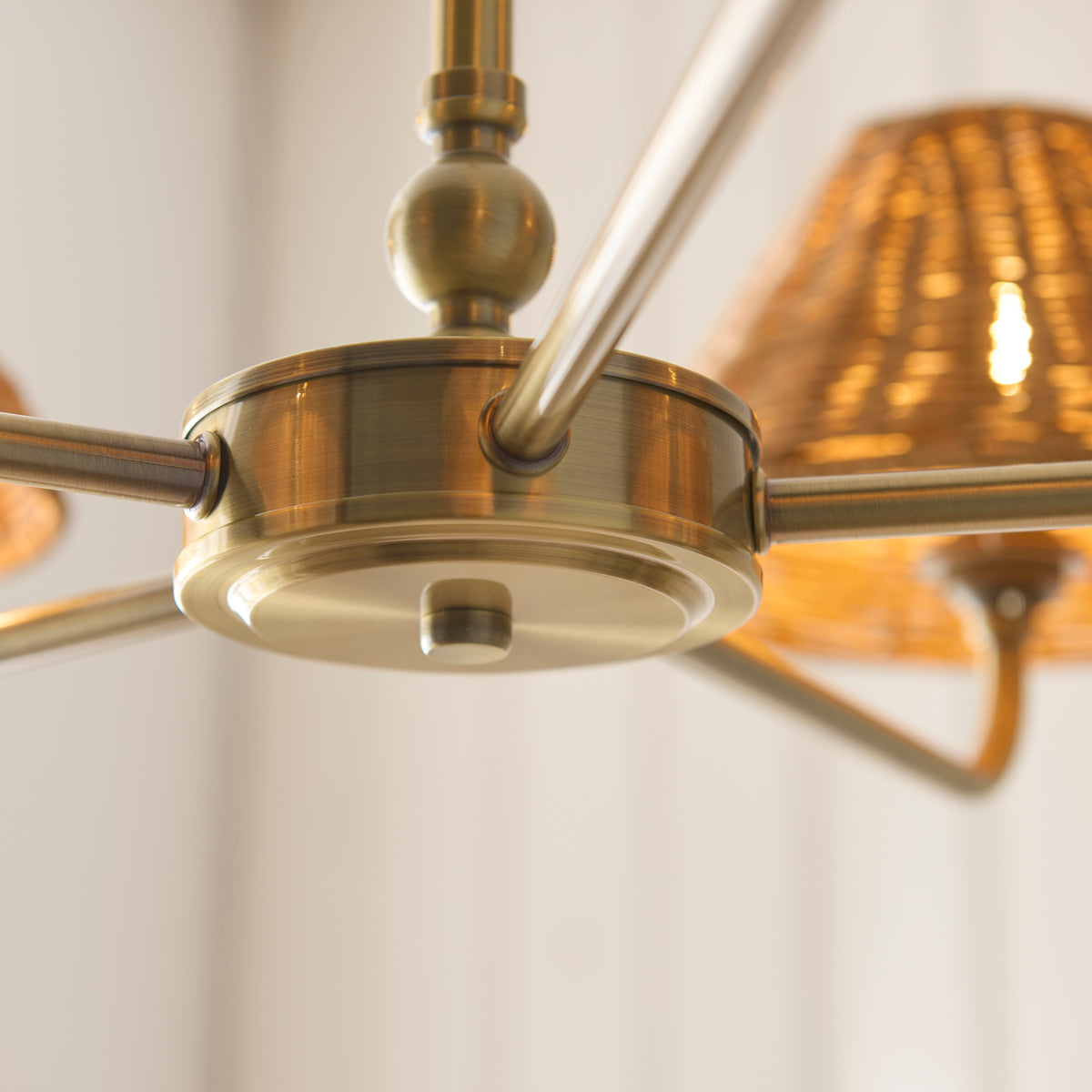 Jericho Five Light Pendant Chandelier in Antique Brass with Warm Brown Rattan Shades