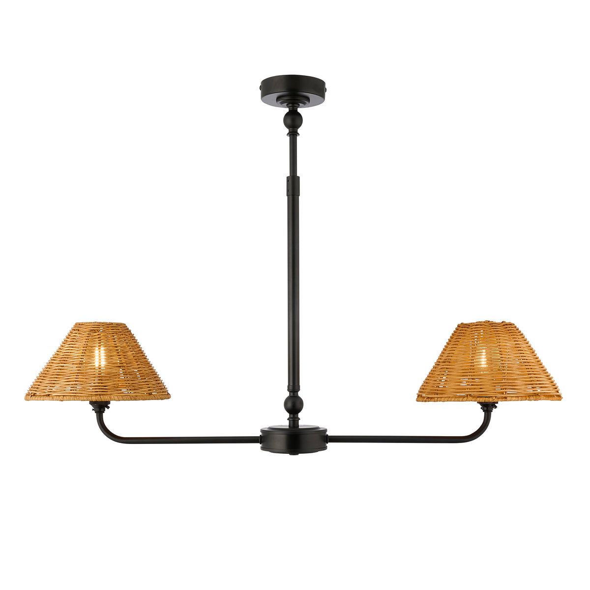 Jericho Two Light Linear Pendant in Matt Black with Warm Brown Rattan Shades