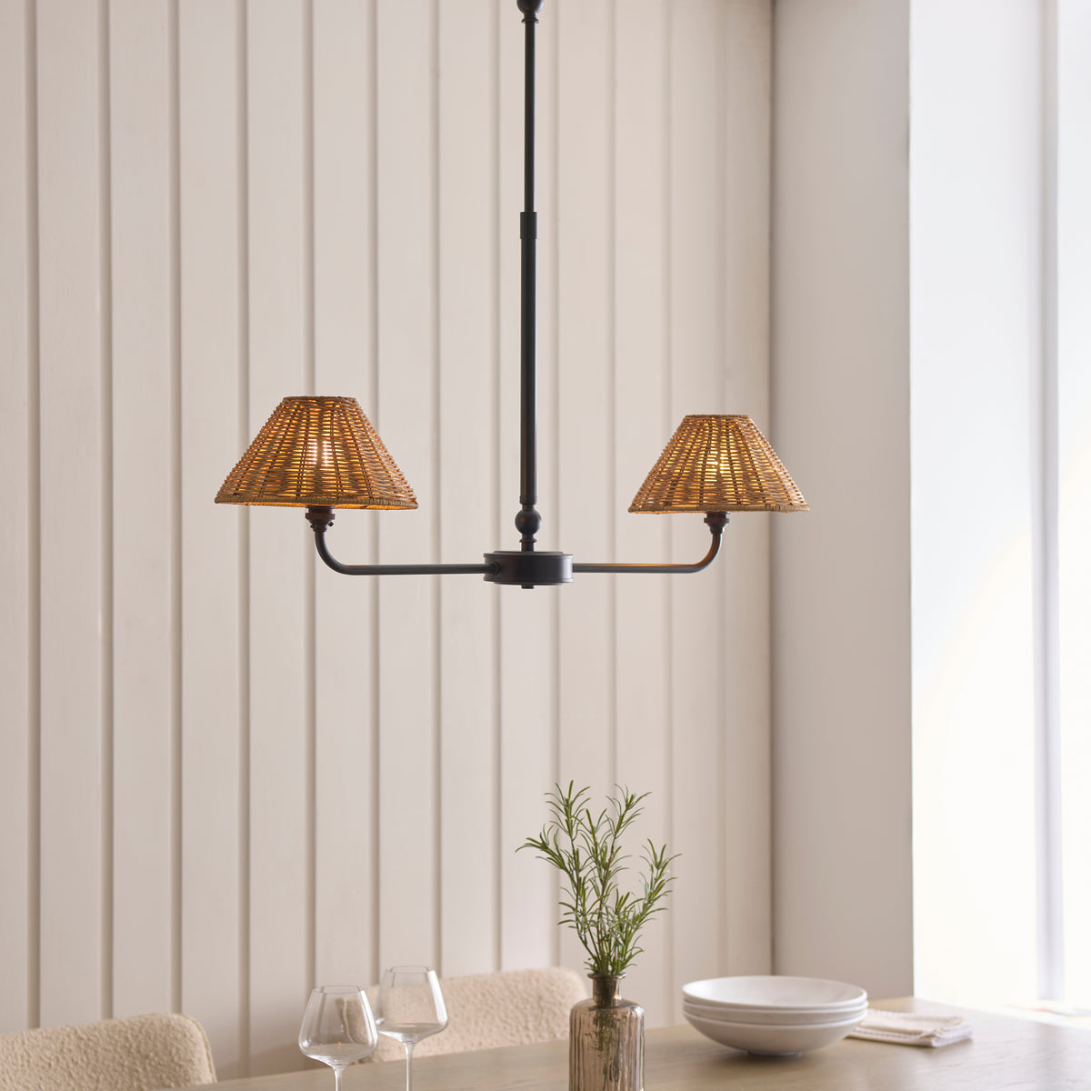 Jericho Two Light Linear Pendant in Matt Black with Warm Brown Rattan Shades