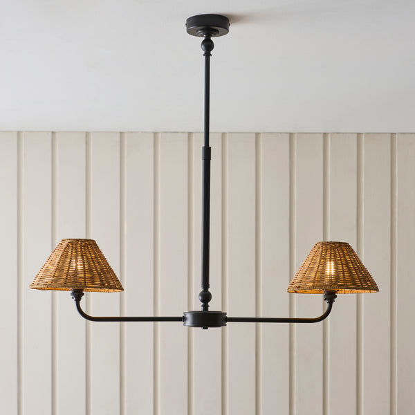 Jericho Two Light Linear Pendant in Matt Black with Warm Brown Rattan Shades