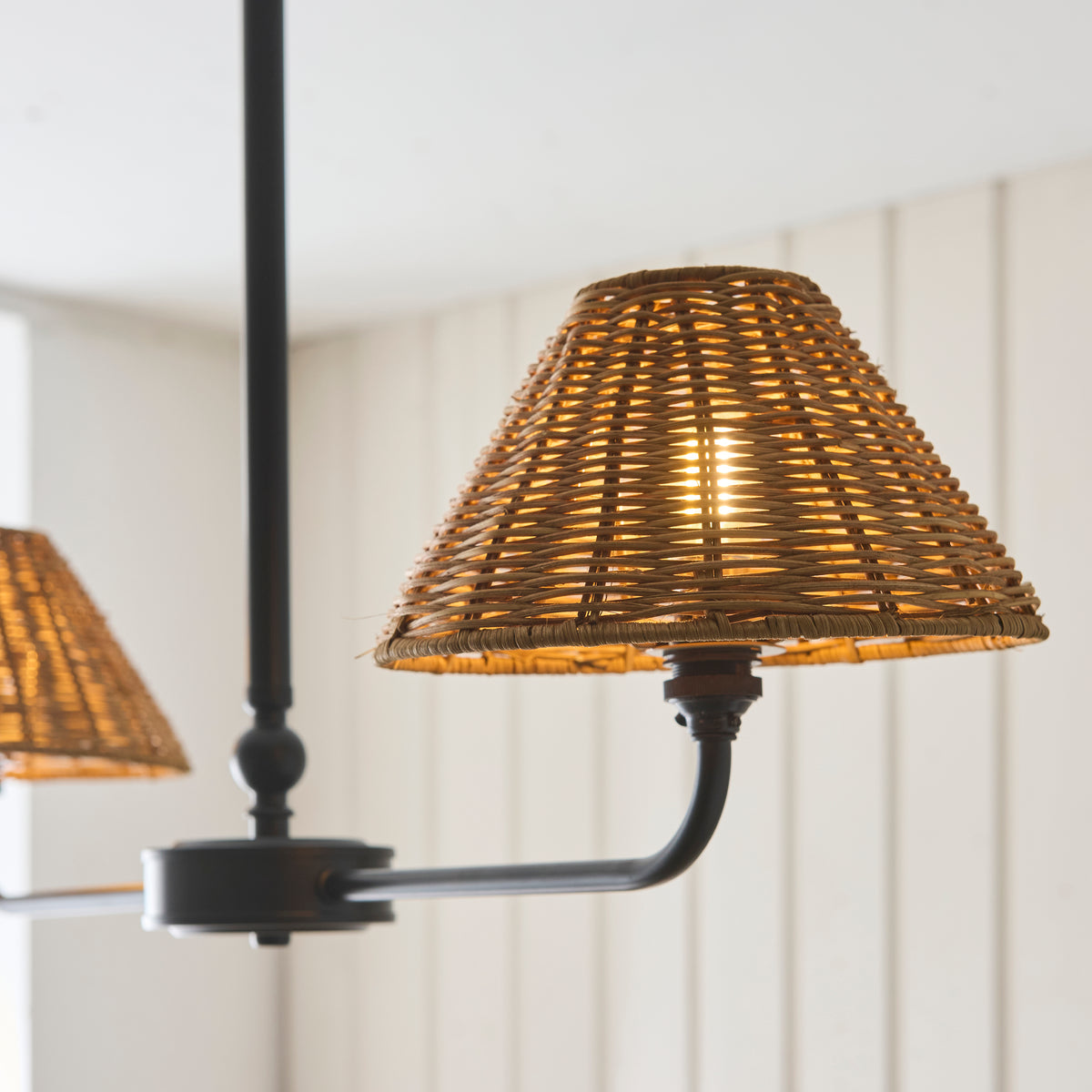 Jericho Two Light Linear Pendant in Matt Black with Warm Brown Rattan Shades