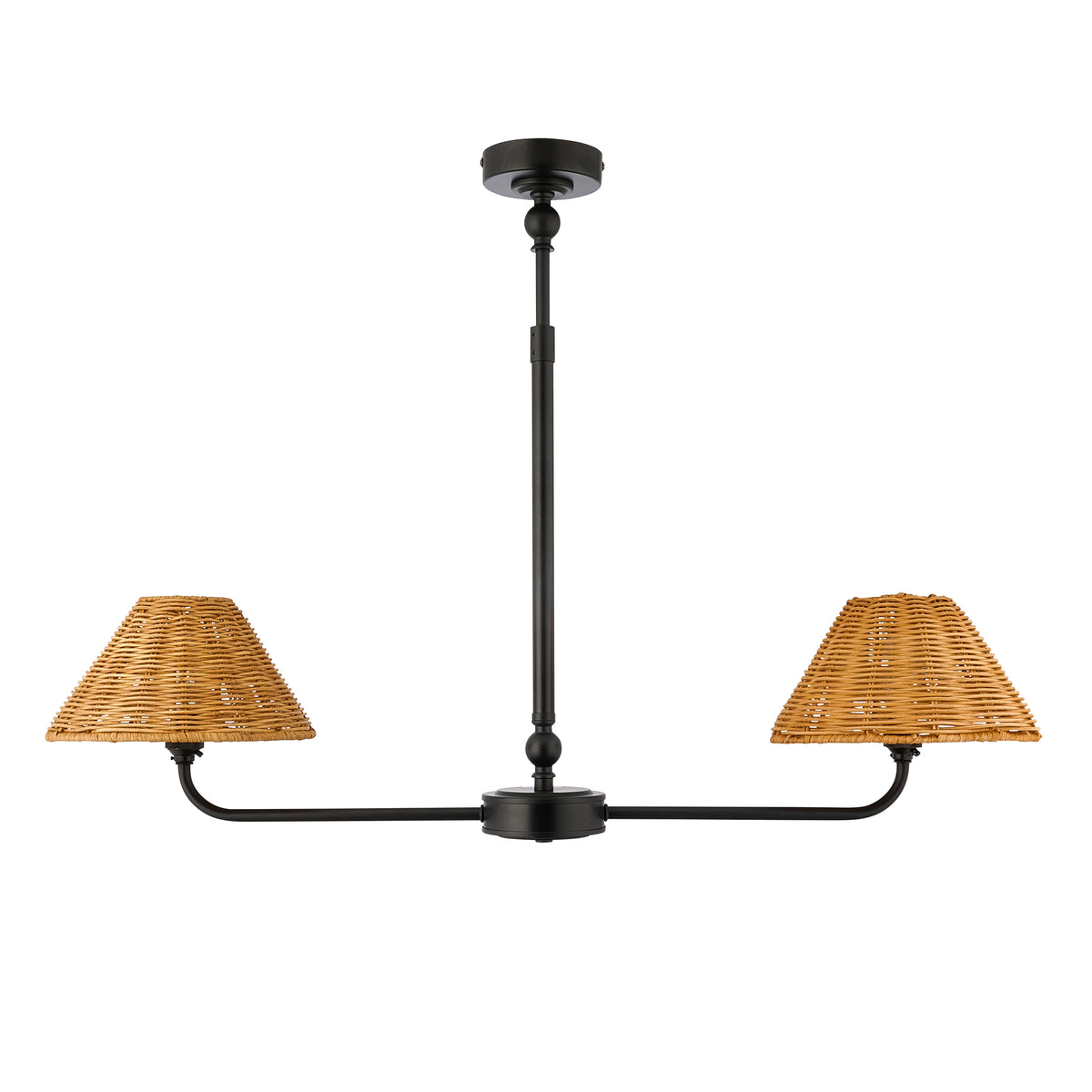 Jericho Two Light Linear Pendant in Matt Black with Warm Brown Rattan Shades