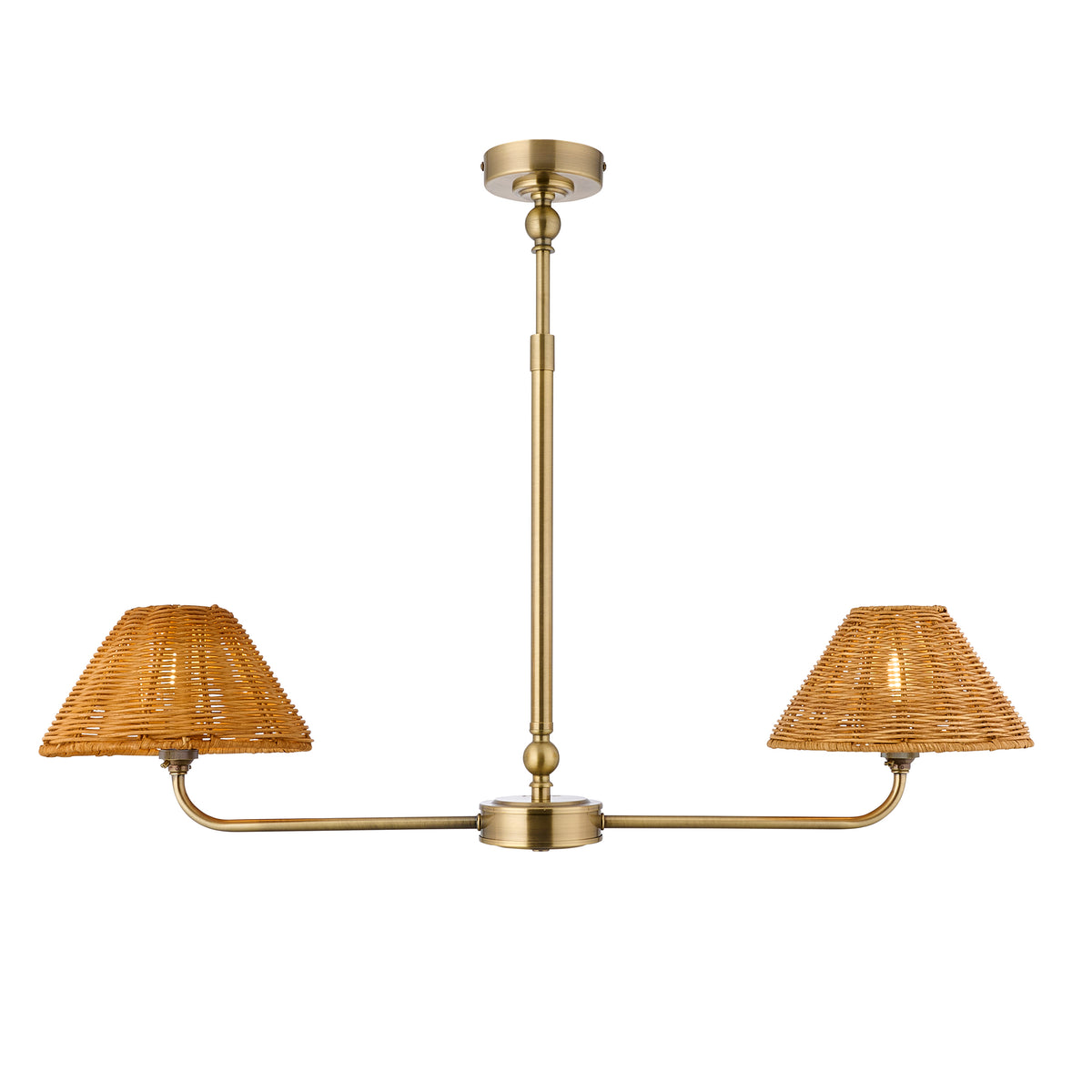 Jericho Two Light Linear Pendant in Antique Brass with Warm Brown Rattan Shades