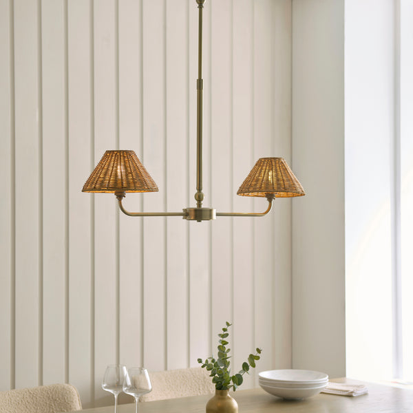 Jericho Two Light Linear Pendant in Antique Brass with Warm Brown Rattan Shades