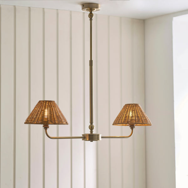 Jericho Two Light Linear Pendant in Antique Brass with Warm Brown Rattan Shades