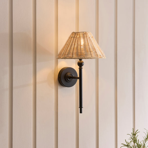Jericho Wall Light in Matt Black with Natural Rattan Shade