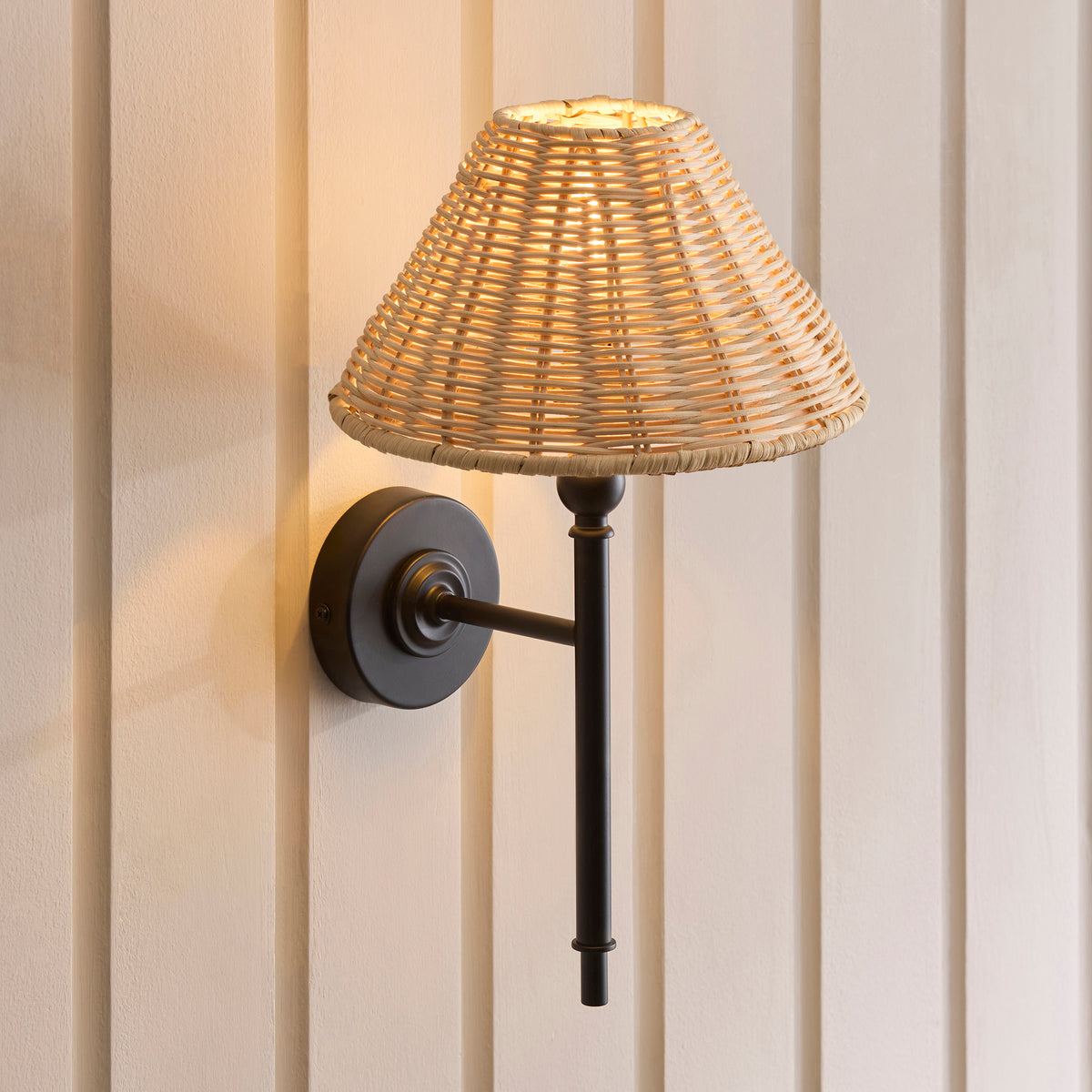 Jericho Wall Light in Matt Black with Natural Rattan Shade