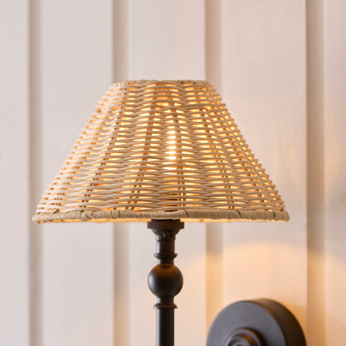Jericho Wall Light in Matt Black with Natural Rattan Shade