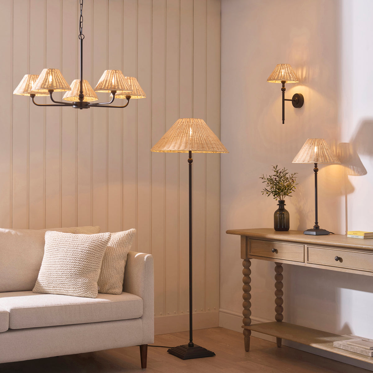 Jericho Wall Light in Matt Black with Natural Rattan Shade