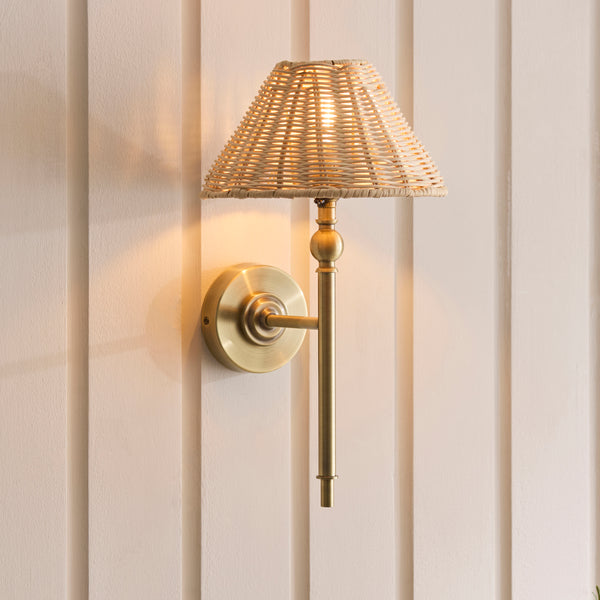 Jericho Wall Light in Antique Brass with Natural Rattan Shade