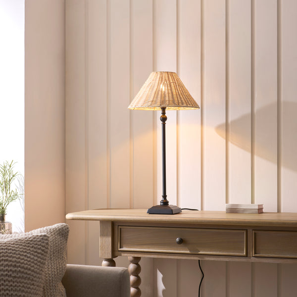 Jericho Table Lamp in Matt Black with Natural Rattan Shade