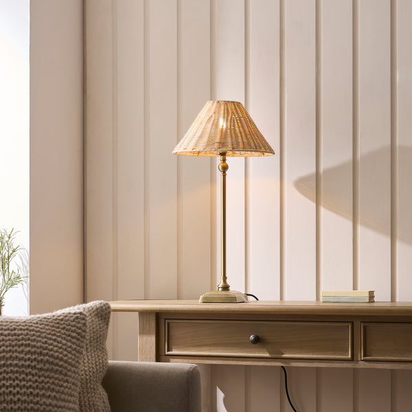 Jericho Table Lamp in Antique Brass with Natural Rattan Shade
