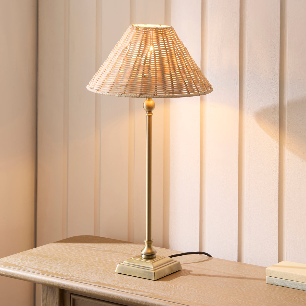 Jericho Table Lamp in Antique Brass with Natural Rattan Shade